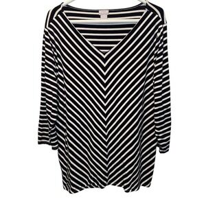 Chicos Black White Chevron Striped V-Neck Knit Top Size 4 XXL Minimalist Stretch